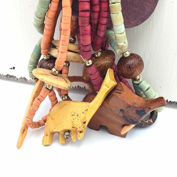 Elephant Giraffe Green Orange Red Wood Beads Fetish Necklace Boho Chic Festival - Picture 6 of 9